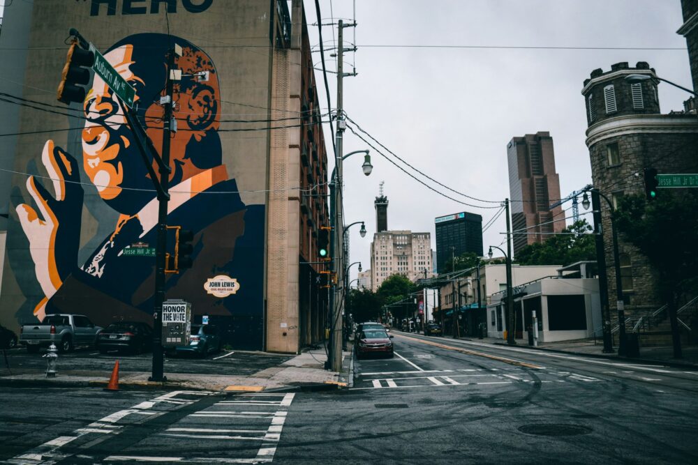 City street with painted mural